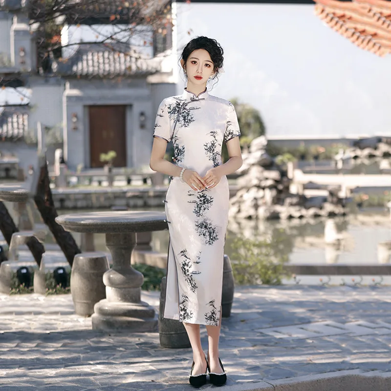 

Sexy Slim Split Qipao Chinese Style Evening Party Gown Dress Women Elegant Mandarin Collar Cheongsam Girls Daily Cloths