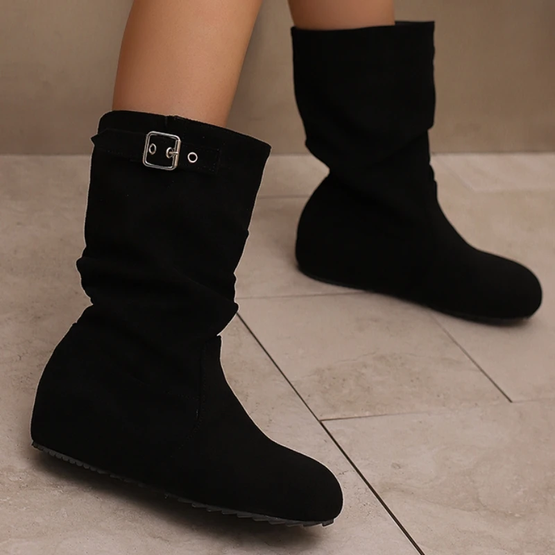 Flock Women's Mid-calf Boots Elegant Red Black Short Boot Pleated Autumn Winter Shoes 2026 Footwear Comfortable Wedge Heels