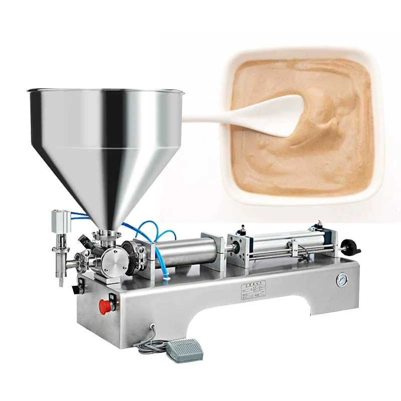 Máquina de llenado neumática para miel, mantequilla de cacahuete, pasta de tomate, acero inoxidable, automática, horizontal, con dosificación.