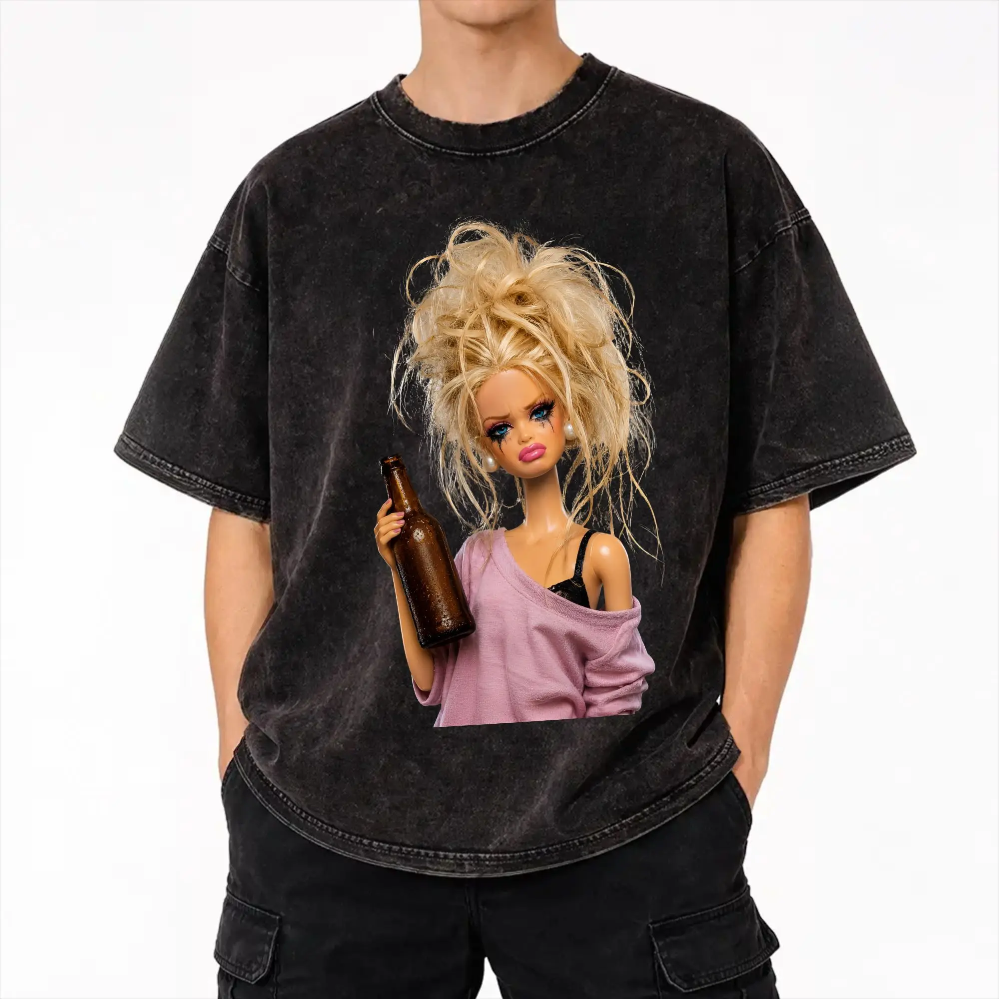 Blonde Doll Disheveled Doll Washed T Shirts Streetwear Hip Hop Novelty T-Shirts  Tees Tops for Men Women Short Sleeve