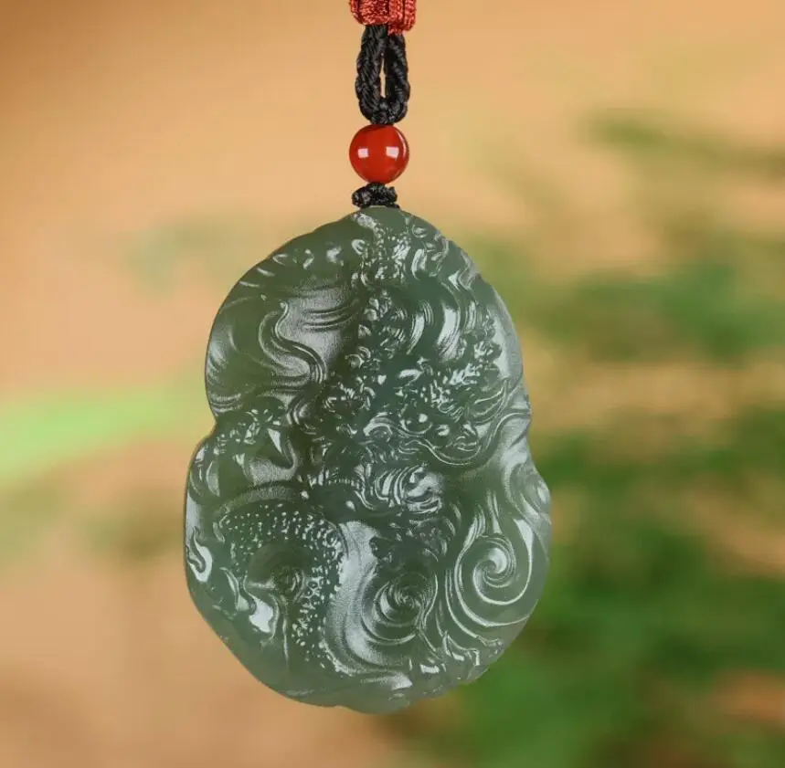 Chinese Natural Grade A Icy Green HeTian Jade jadeite Hand-Carved pendant Dragon