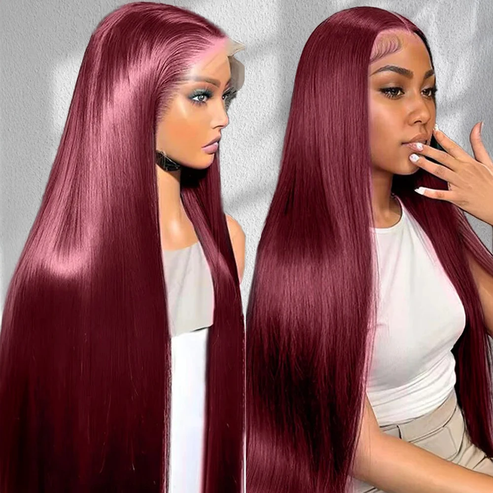 

99j Burgundy Lace Front Human Hair Wig 40 Inch 13x6 Straight Lace Frontal Wigs HD Transparent Lace Colored Red Wig For Women