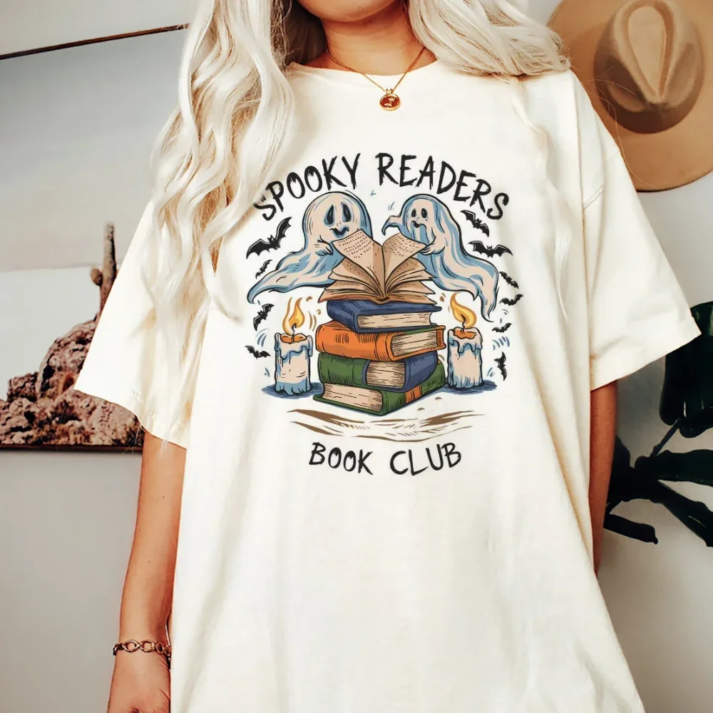 Spooky Readers Book Club Ghost Book Lover Printed Short Sleeve Cute Pattern Women's Basic O-Neck Casual Printed Halloween T-Shir