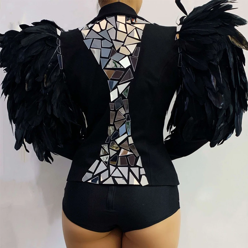 Espelhos brilhantes gogo trajes feminino preto pena casaco lente biquíni boate ds dj festa jazz outfit sexy pólo dança wear xs7757