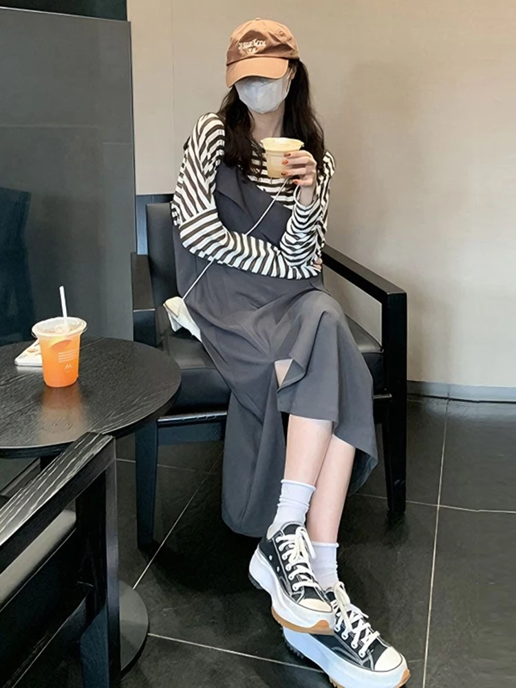 Faionable Striped Long Sve Dr And Overalls Two Piece Set Sweet College Sle High Waist Cotton Polyester mid Length S...