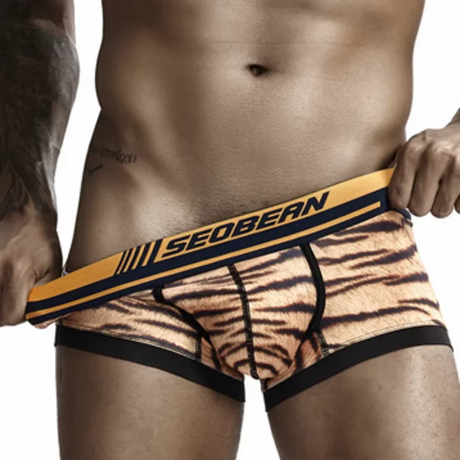 Tiger Pattern Cotton Bulge Boxy Underwear for Men Comfort Breath Sweat Absorp Boxer Briefs Low Rise U Convex Pouch Sports Trunks