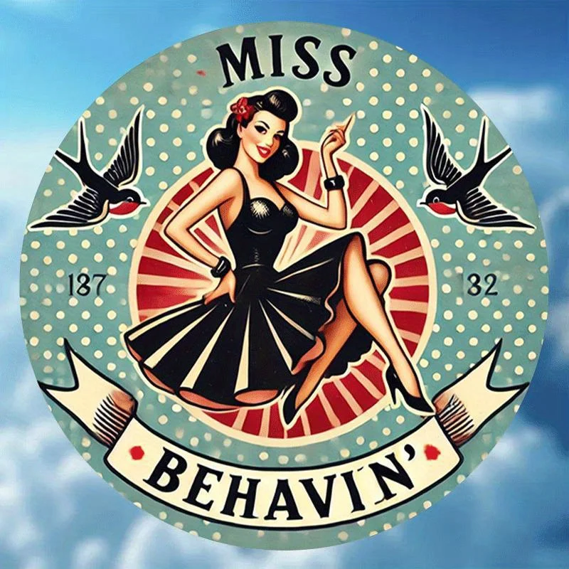 2D Flat, Round Vintage-Inspired 20.32cm Metal Sign with Betty Page Pin-Up Design - 