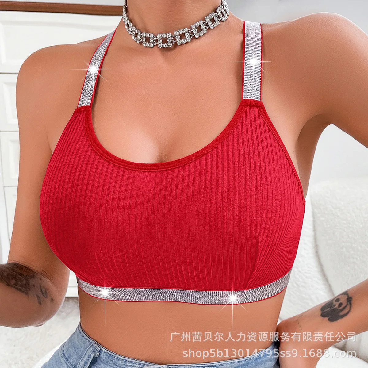 Women Sexy Summer Spring U Neck Glitter Spaghetti Strap Bralette Padded Camisole Bra Top Tank