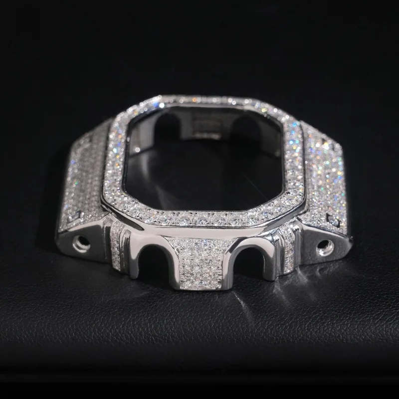Hip-Hop Bling Watch Case: Square Iced-Out Moissanite Design, Diamond-Like Sparkle for Men. Ultimate Street Style Jewelry Upgrade