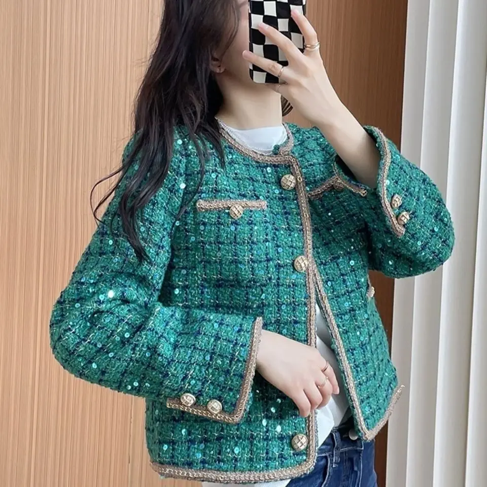 Ladies Jackets Green Short Half Sequins Women's Wool & Blends Coat Medium Hot Fashion 2024 Trendy New in Winter Clothes Luxury