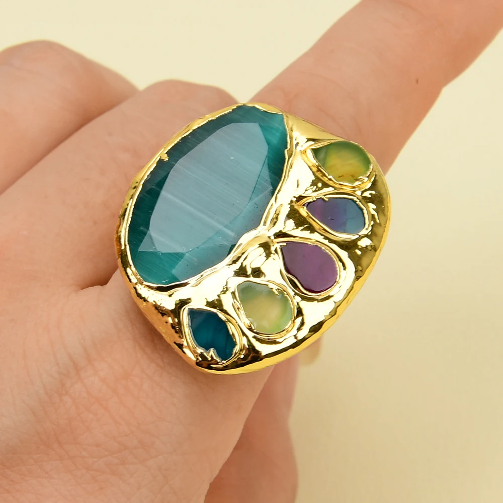 

GG Metal Ring Green Cat Eye Multi Color Agate Gold Plated Ring Adjustable Set Handmade For Girls