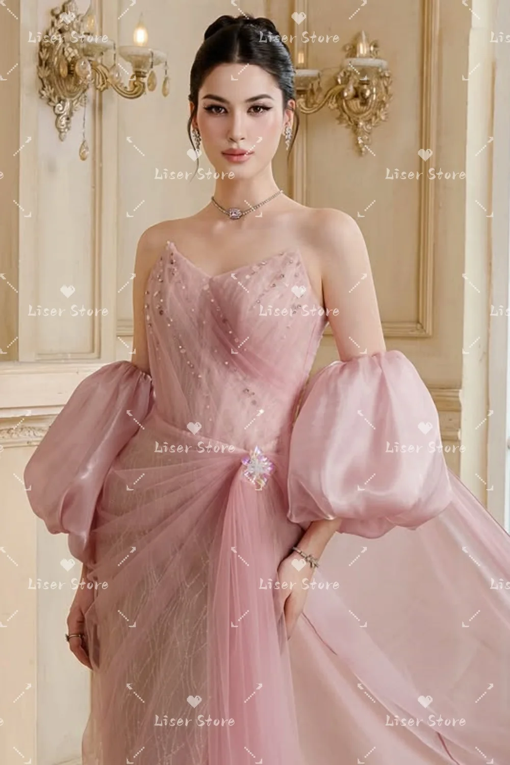 Liser Stunning Sleeveless Strapless Wedding Dresses A-line Floor-Length Puff Sleeves Beaded Robe De Mariée 2026 Customized ﻿