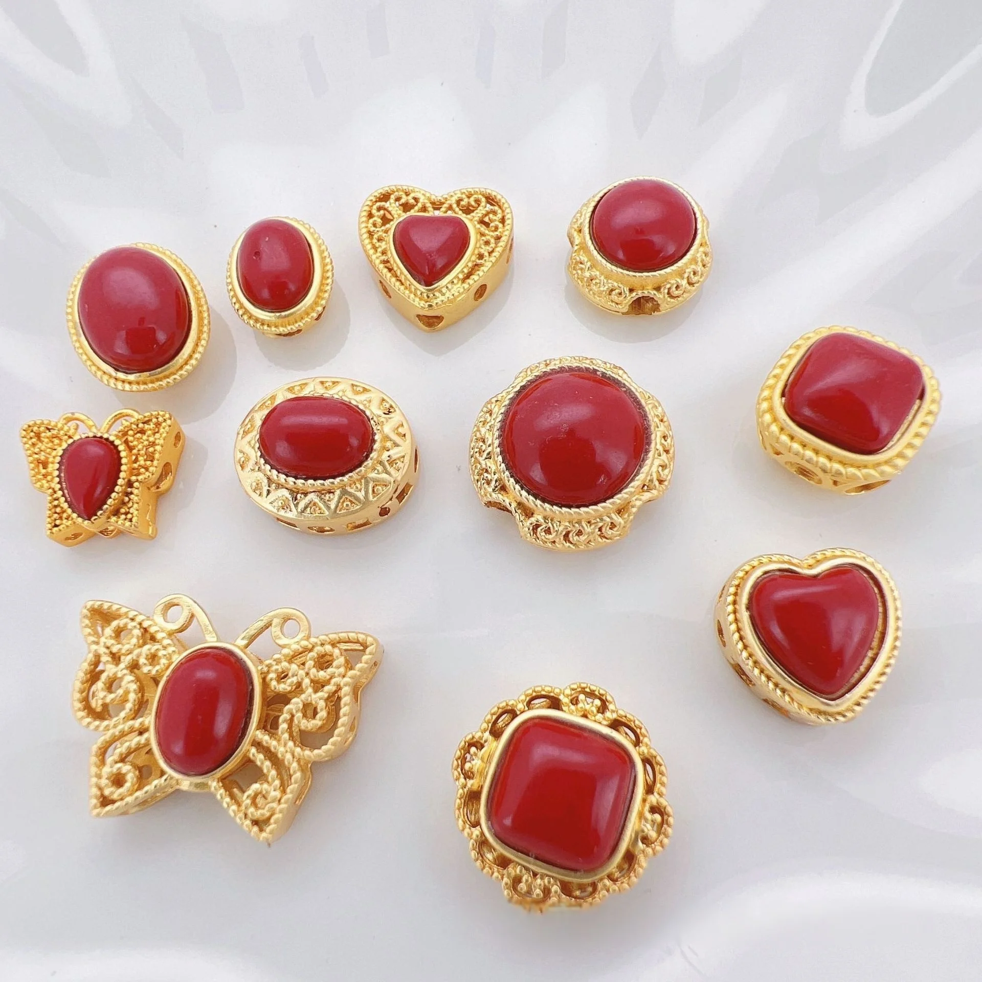 7pcs/lot Copper Gold Plated Red Zircon Vintage Jewelry Making Spacer Beads Handmade DIY Bracelet Necklace Making Accessories
