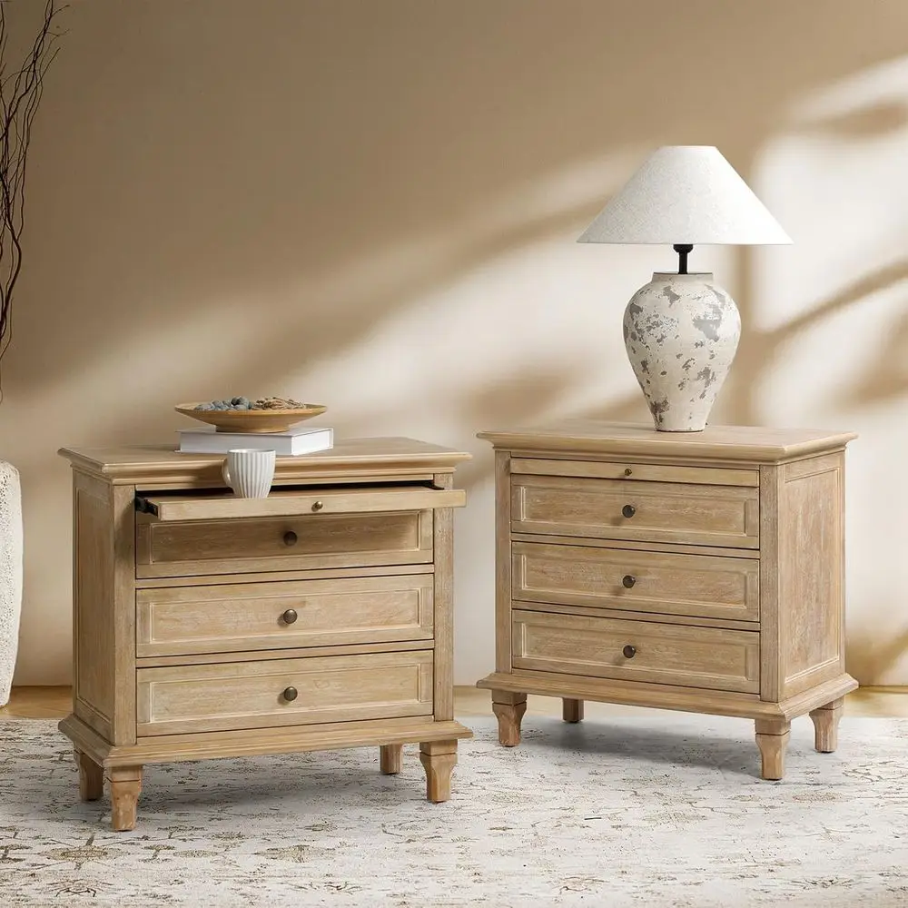 

armhouse 3 Der End Table with Tray, Der Organizer with Solid Wood Legs, End Table with Charging Station（Natural, Set o 2）