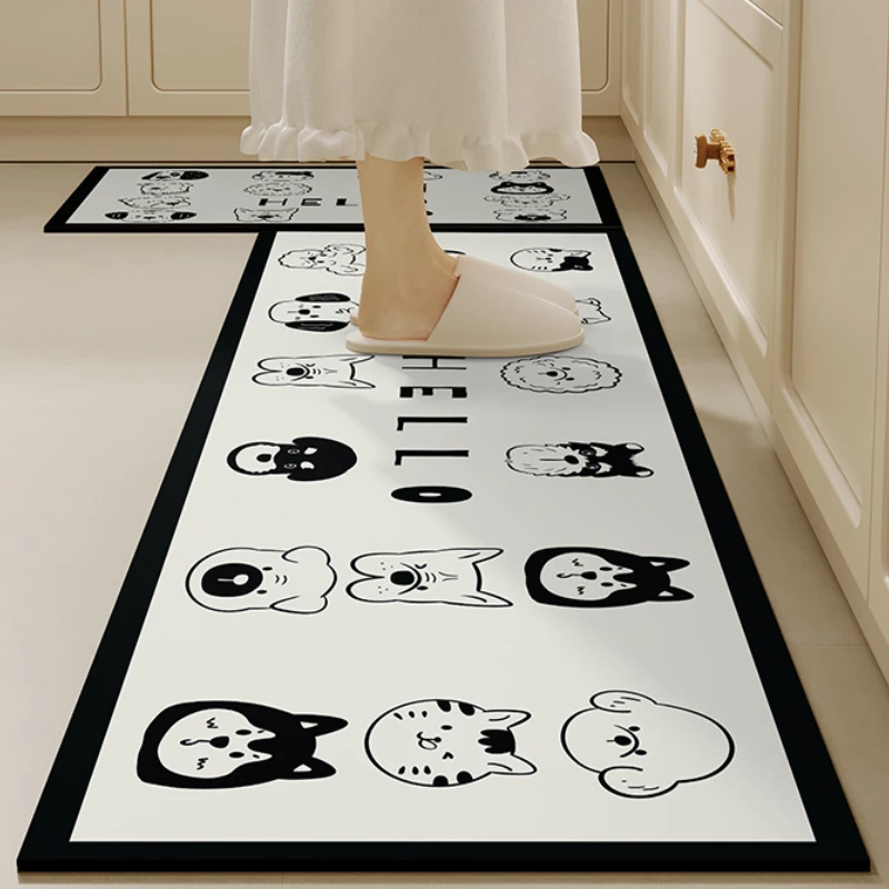 Kawaii cartoon puppy kitchen carpet cute cat PVC floor mat creative grid waterproof kitchen mats anti-scratch non-slip long rug