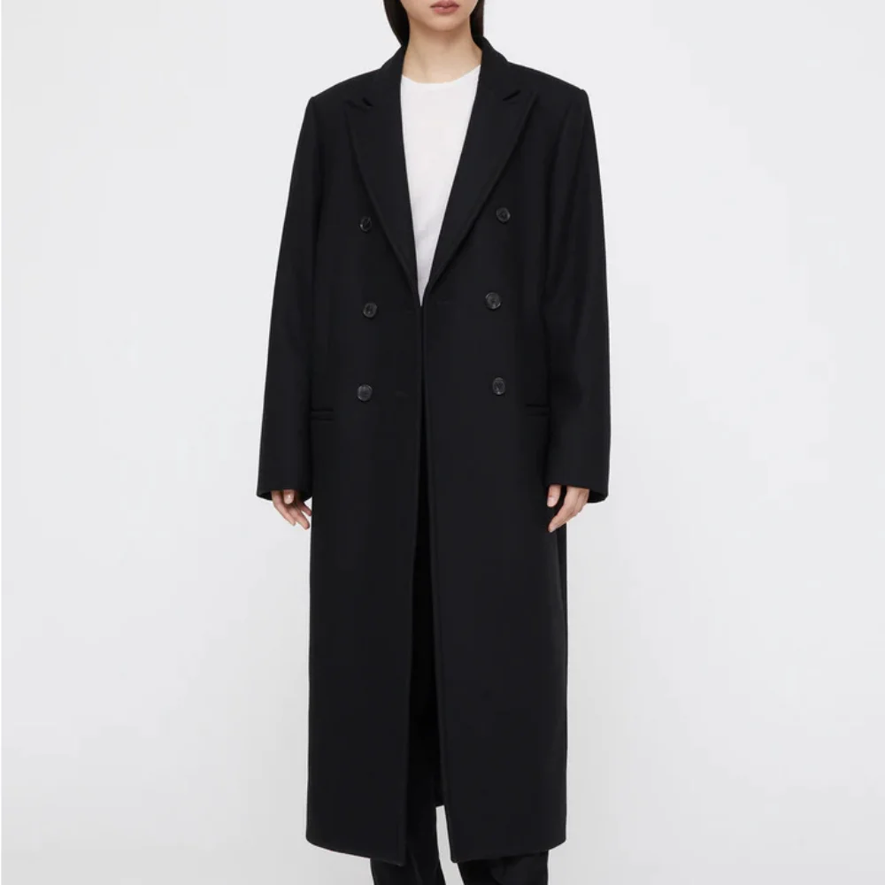 

Autumn and Winter New Black Double-breasted Wool Coat Mid-length Lapel Woolen Coat Women