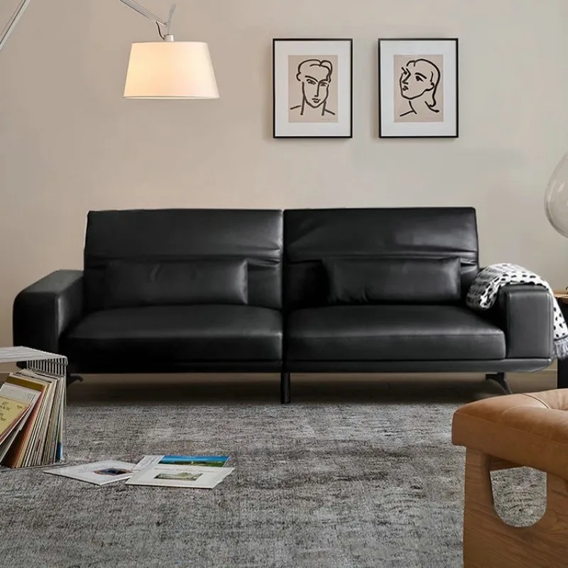 

Minimalist black leather sofa first layer cowhide straight row living room adjustable high backrest medieval retro sofa