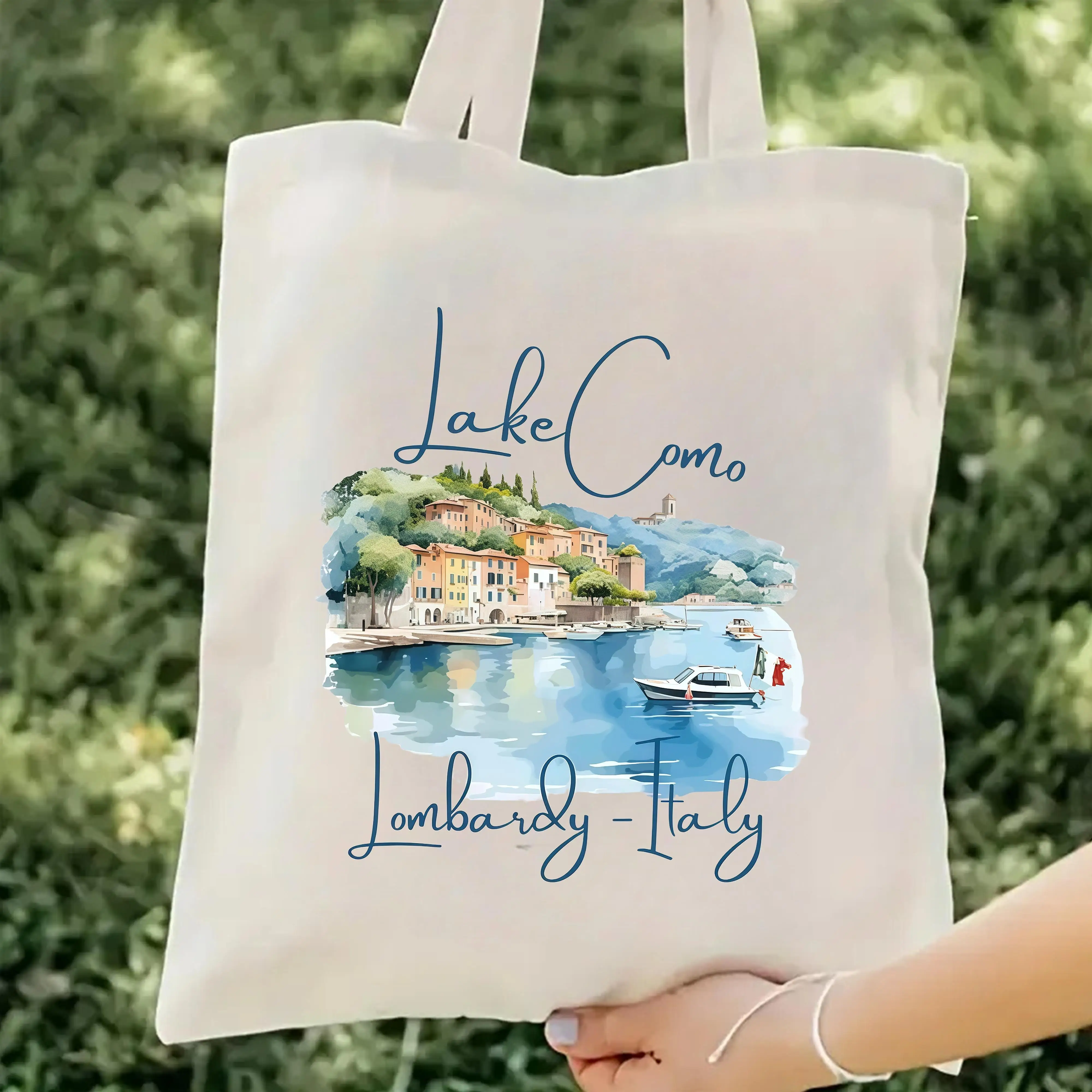Travel Tote Bag with Italian Lake Como Pattern | Lightweight Large Capacity Fashionable Minimalist Durable Beige Shopping Handba