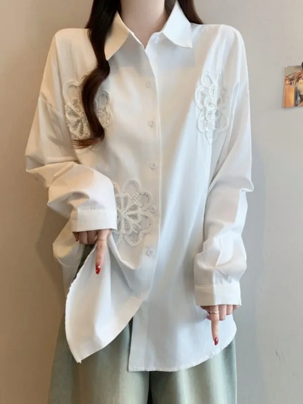 

Chic Anti-Aging Beaded Flower White Long Sleeve Loose Midi Shirt Women Spring Large Size Fat MM Casual Style Polyester Fiber