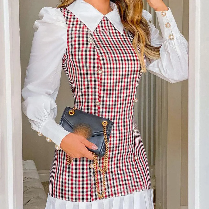 Mulheres Houndstooth Puff manga babados bainha vestido elegante, gola virada para baixo, vestido de linha A diária, decoração de botões, moda primavera, 2022