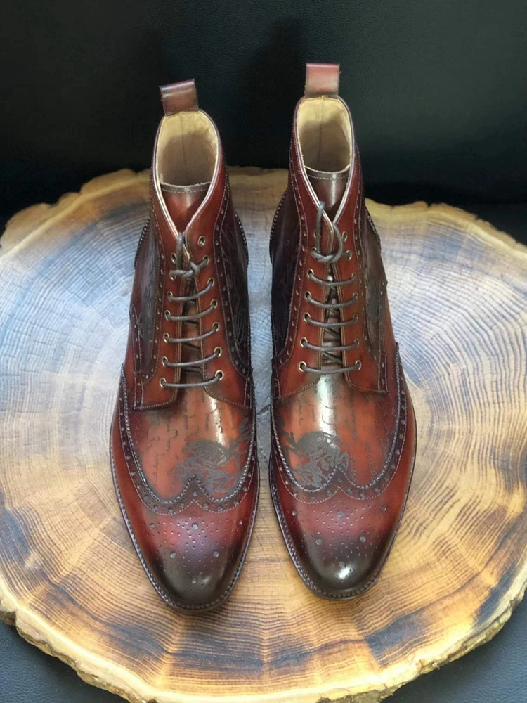 cie Laser Design Boot Hand-Painted Full Grain Calf Leather Patina Redish-Brown Handmade Leather Out-sole Ankle Boots MA10