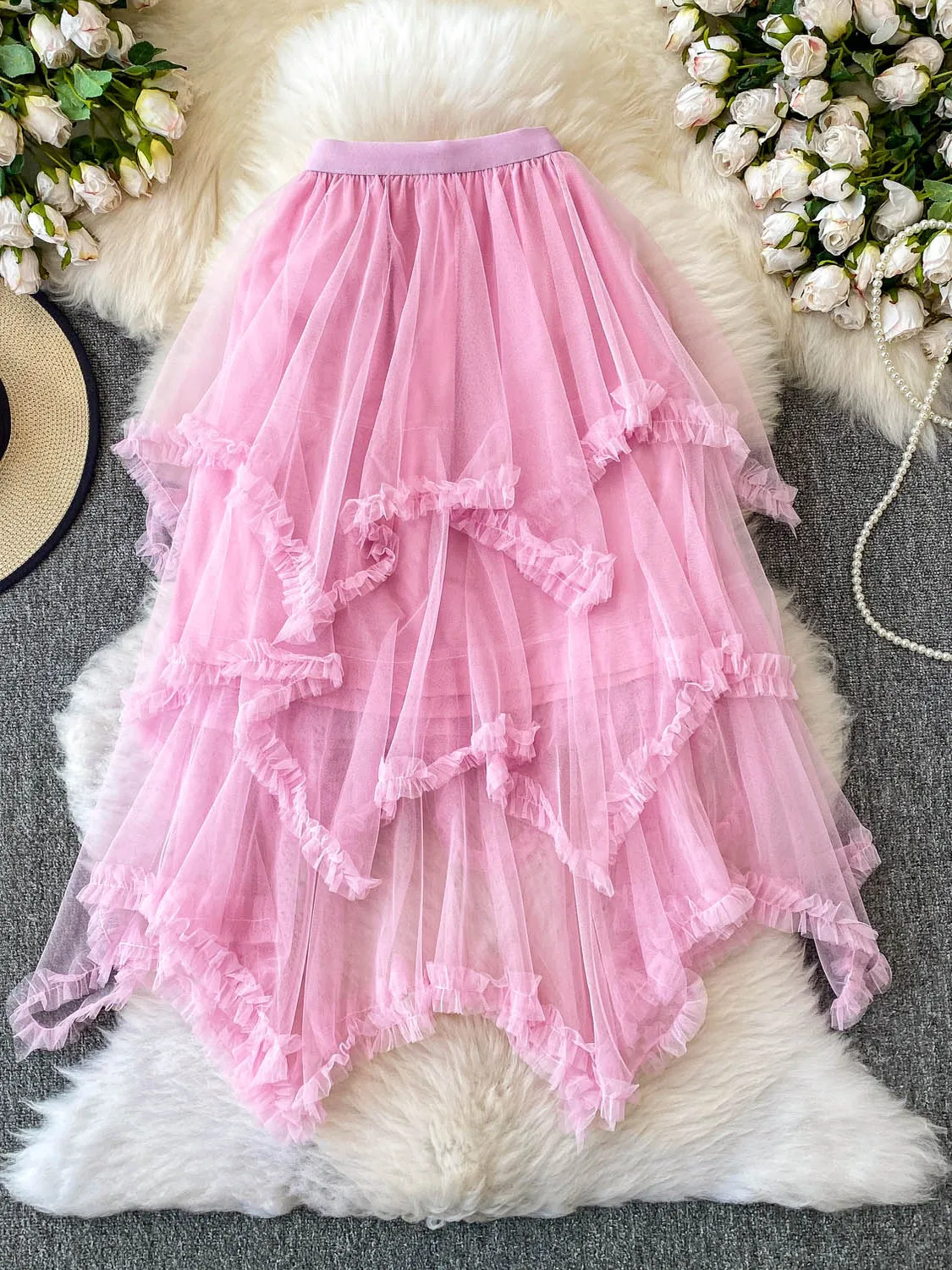

Pink High Waist Me f Skirt Women's Ele Fairy Cake Skirt Mid-Length Asymmetrical Breathable Skin-Friendly Korean Sle