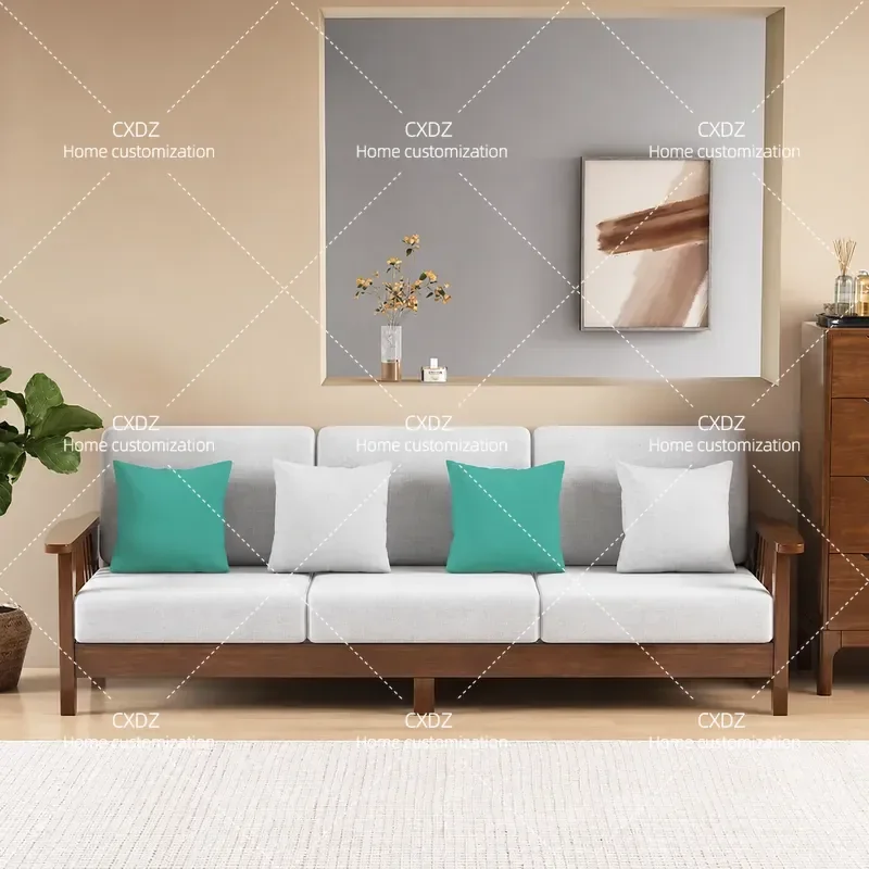 All Solid Wood Sofa Modern Simple Fabric Combination 3 Seater Couch for Small Apartment Living Room Economical Furniture