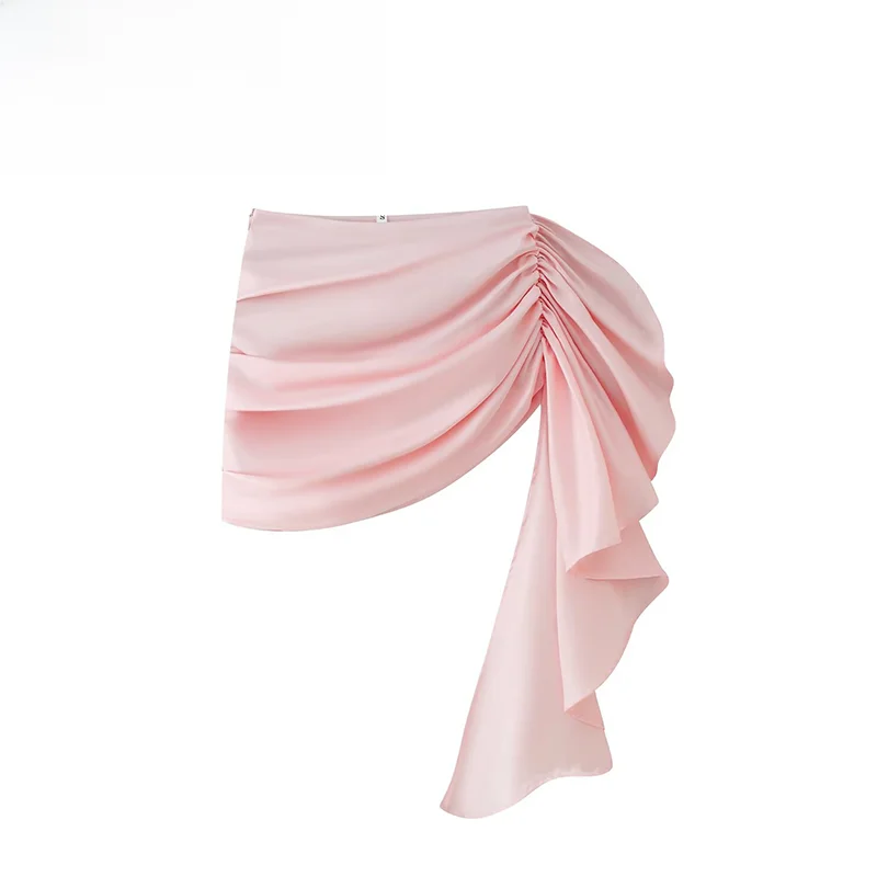Fashionable ZR Autumn New Women's Acetate Satin Skirt with Sashes Pleats Midi Skirt Standard Fit A-Line Skirt Casual Wear