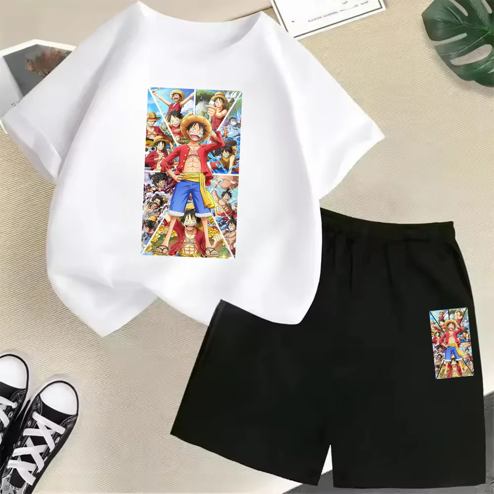 

Bandai Summer New Cotton Kids T-Shirt Set Luffy One Piece Anime Children Shorts Sport Casual School Outdoor Boys Tracksuit