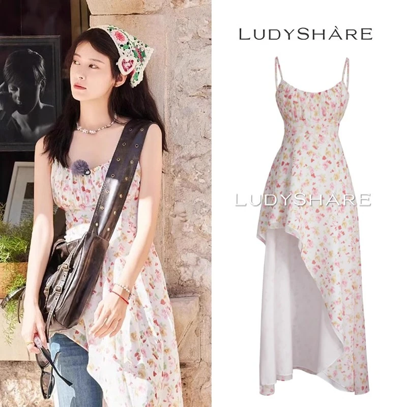 

2024 Ladies Summer Fragmented Floral Camisole Dress Seaside Holiday Irregular High Waist Sleeveless Long Dress For Women F087