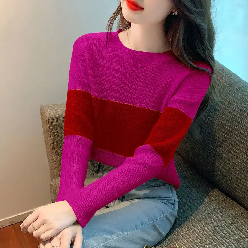 Fashion O-Neck All-match Spliced Knitted Korean Sweaters Women's Clothing 2022 Autumn New Loose Casual Pullovers Commute Tops