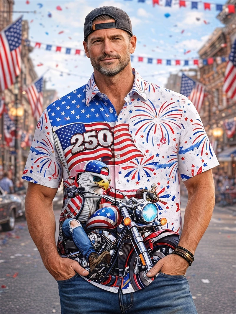 Men Hawaiian Shirt America 250 1776–2026 Vintage Patriotic Shirt Summer Fashion America Celebration Button Down Beach Shirts New
