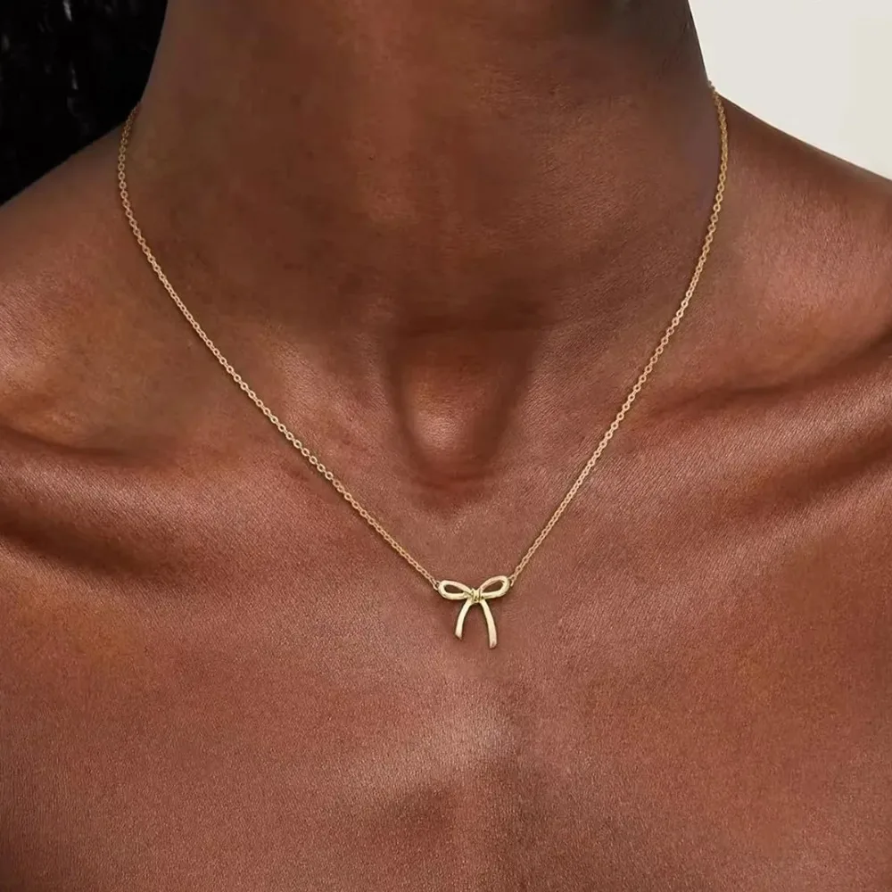 

Stainless Steel Bowknot Lucky Necklace For Women Gold Color Korean Necklaces Female Aesthetic Choker Jewelry Daily Accessories