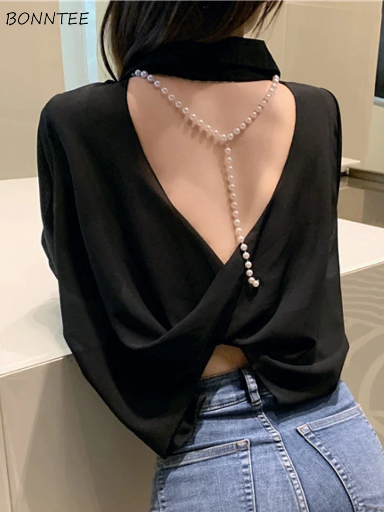 Long Sleeve Shirts for Women Beading Backless Sheer Sexy Tops Thin Sun-proof Holiday Fashion Personality Lightweight Clothing