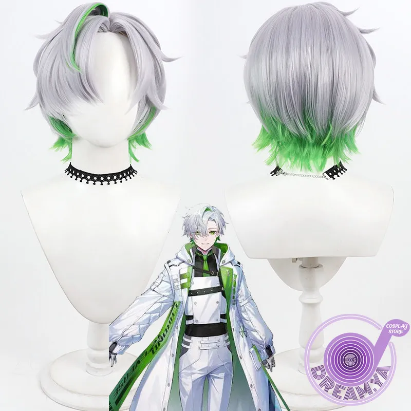 Kaname Cosplay Wig Vtuber Silver Green Short Heat Resistant Synthetic Hair Halloween Party Role Play Carnival + Free Wig Cap
