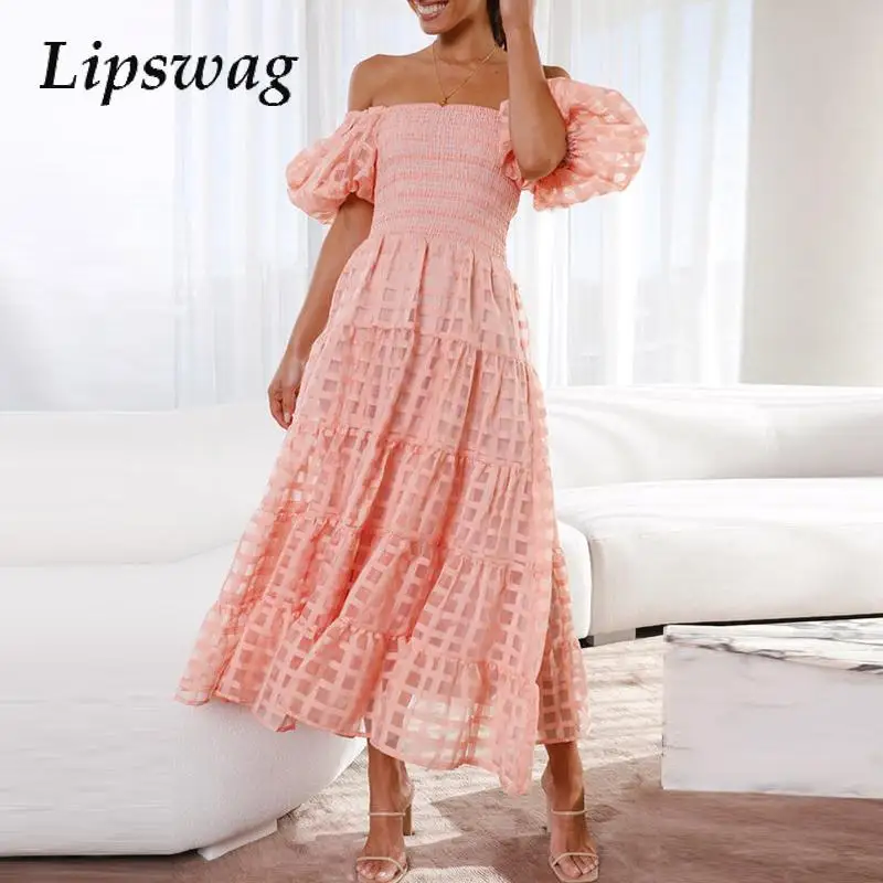 Embroidery Retro Puff Short Sleeve Party Dress Temperament V Neck Waist Hollow Lace Long Dress Women Sexy Pleated A-Line Dress