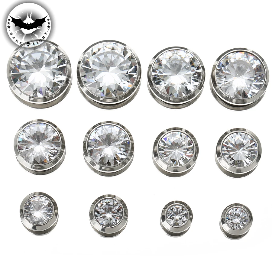 1Pair  Cubic Zirconia Ear Tunnel Stainless Steel Plugs Gem Gauges Body Piercing Shinning Ear Reamer Expander 3mm-25mm