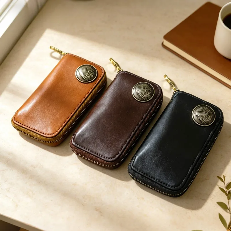 New Men Genuine Waxed Leather Key Wallet Full Zipper Closure Multi‑Hook Keys Organizer Card Coin Storage Wallet Vintage Key Case