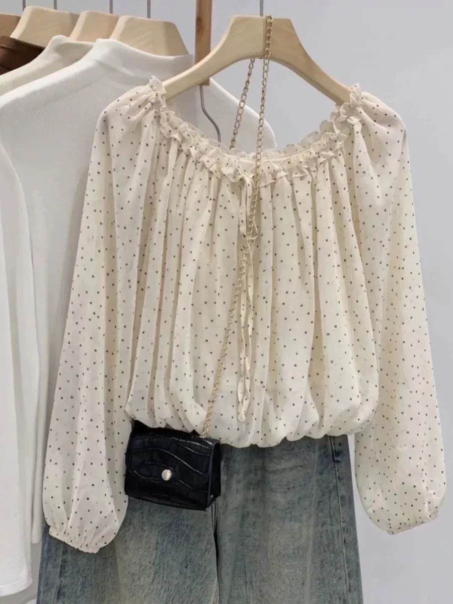 Summer Polka Dot Chiffon Shirt Women's One Shoulder Long Sleeve Slim Fit Casual Style Large Size Fashion Top Ageless Small Shirt