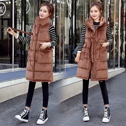 Womens Winter Long Vest 2022 New Thickened Warm Down Cotton Waistcoat Women Golden Velvet Sleeveless Coat