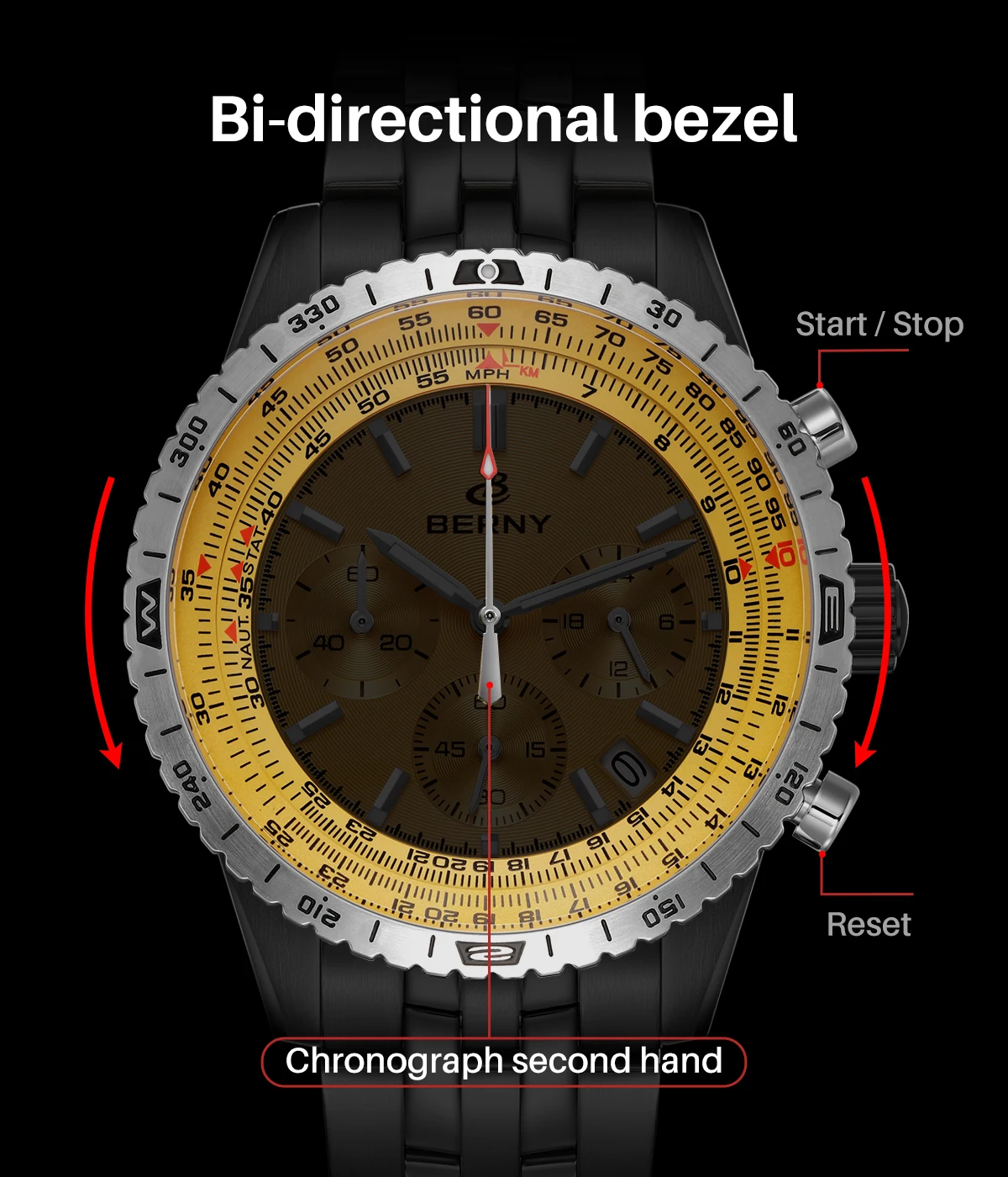 BERNY Aviation Herrenuhren Quarz Chronograph Uhr Datum Saphir Super Leuchtend Luxusmarke Dress Herren Armbanduhr – Detail 8