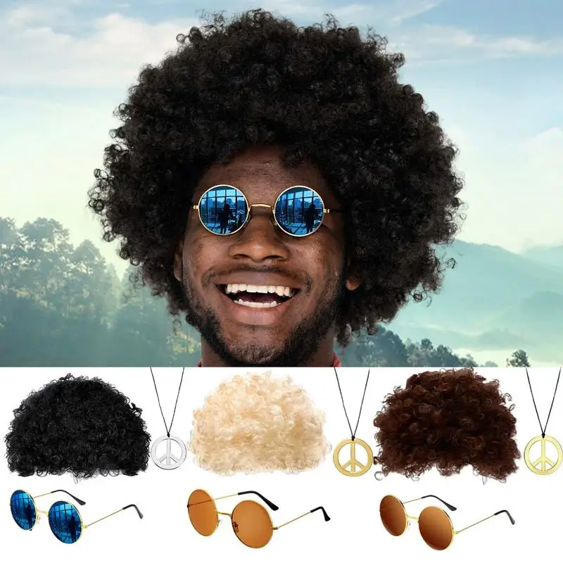 Disco Wig Set African men's synthetic wig 3-piece set disco costume wig men's natural fluffy short for 50/60/70s/80s Theme Party