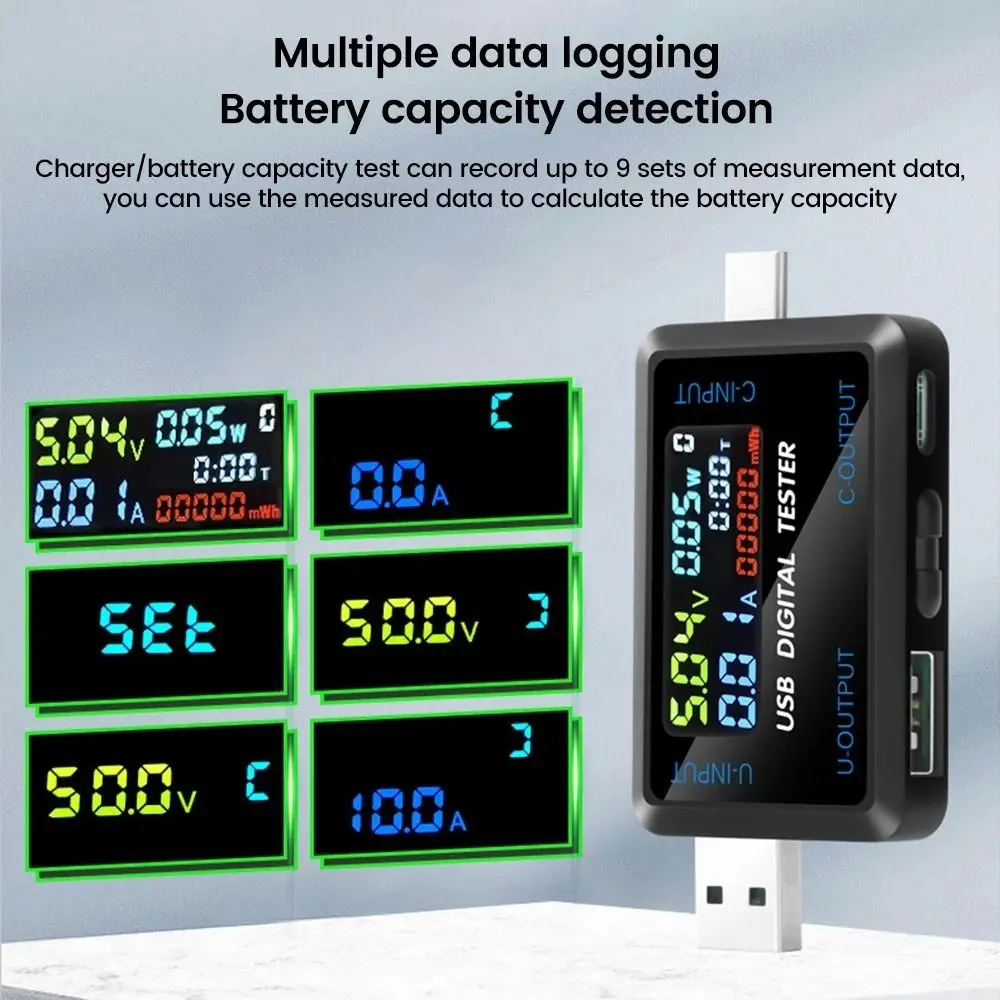 10 in 1 USB Tester Type-C&USB Color Display DC Digital Voltmeter Power Bank Charger Indicator 4-30V Charger Capacity Test Phone
