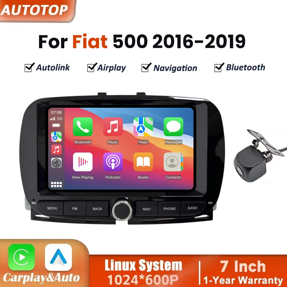 Autoradio 7 pouces Linux sans fil CarPlay Android Auto pour Fiat 500 2016-2019, écran tactile multimédia avec Airplay, Autolink, Mirror Link, WiFi, Bluetooth, GPS, navigation, système intelligent