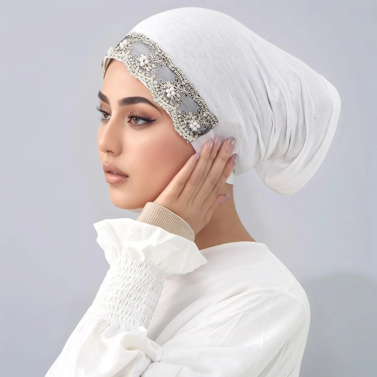 Pearl Embroidery Jersey Instant Hijab for Muslim Hijab Turban Tube Cap Solid Stretch Inner Cap Undercap Floral Lace Bandana