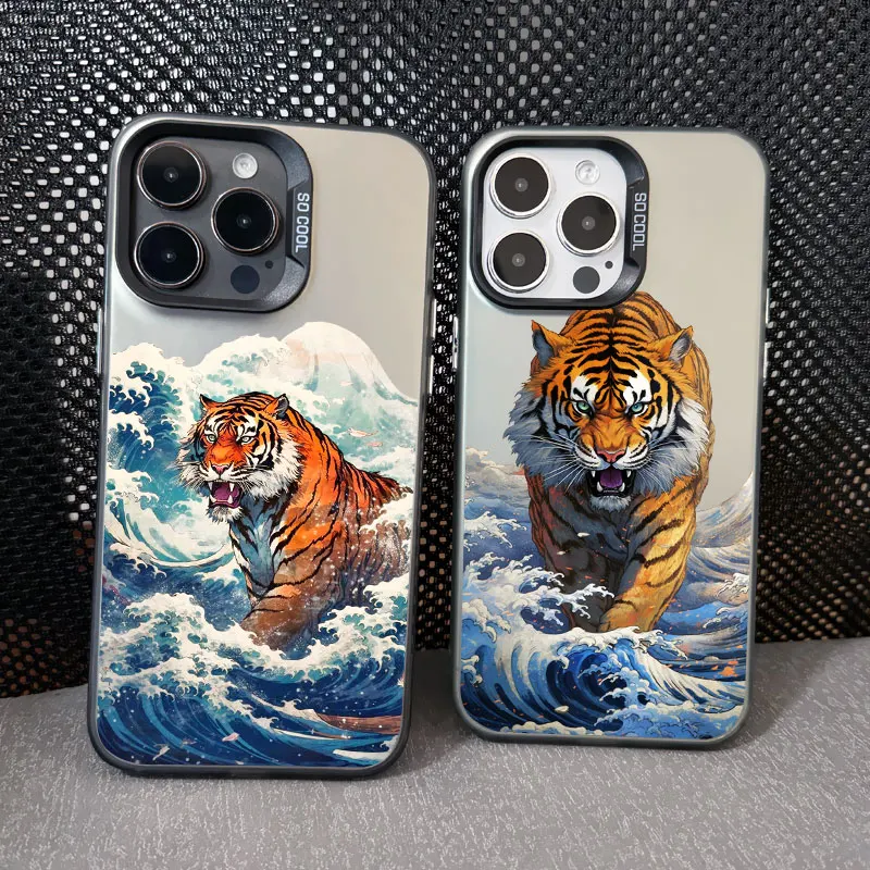 Ukiyo-e Ocean Waves Tiger Creative For iPhone Case 13 Mini 12 11 Pro Max 16 15 14 Pro Max Plus Shockproof Laser Phone Back Cover