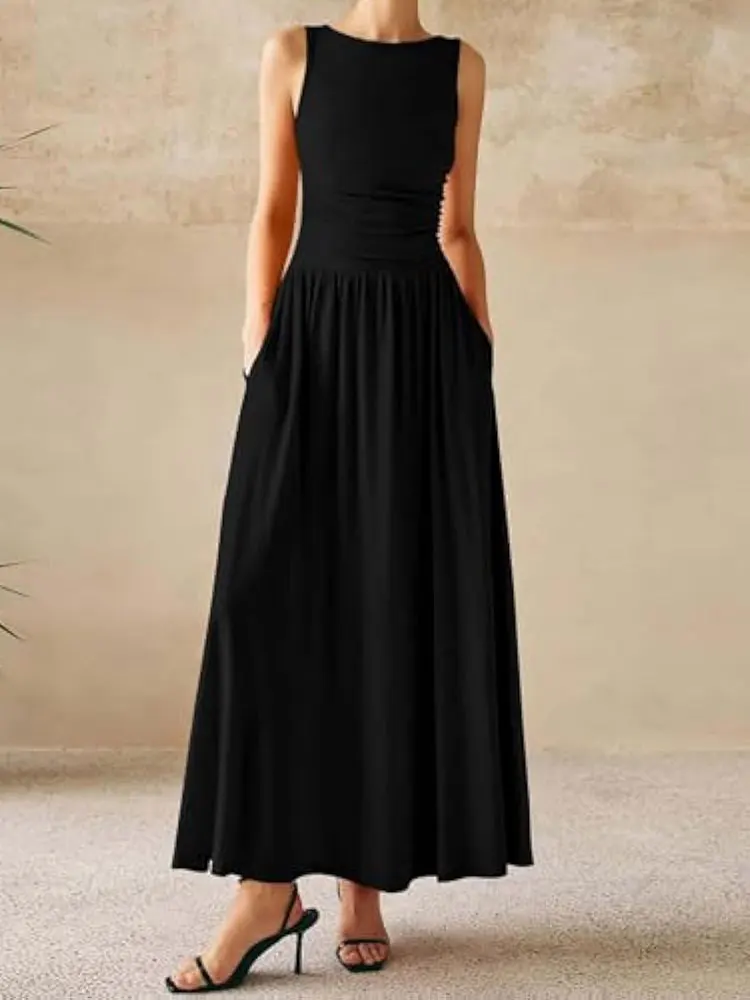 New Shimmering Sleeveless Festive Red Dress High-Waisted Flowy Full-Skirted Women Clothes Summer Pockets Evening Long Dresses