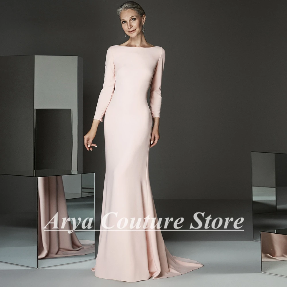 2024 Pure Pink maniche lunghe sirena madre della sposa abiti scollo a barca Jersey abiti da sposa per gli ospiti con Backless personalizzato