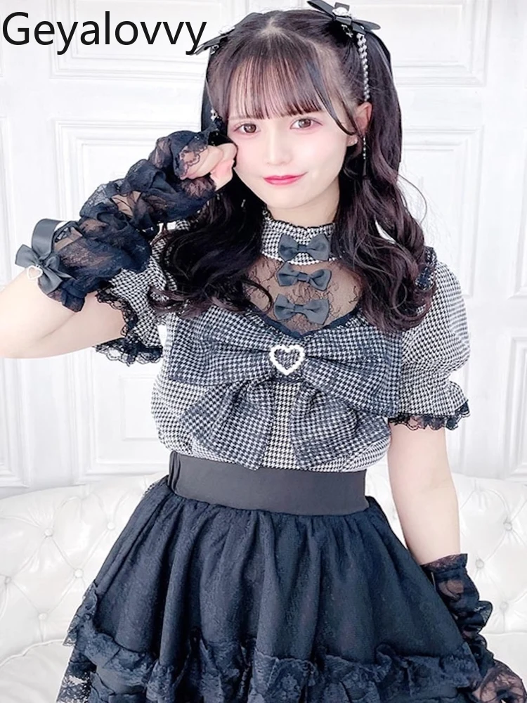 

Japanese Sweet Style Sexy Lace Hollow Out Versatile Top Spring Summer Bowknot Heart Short Sleeve Shirt with Lace Gloves