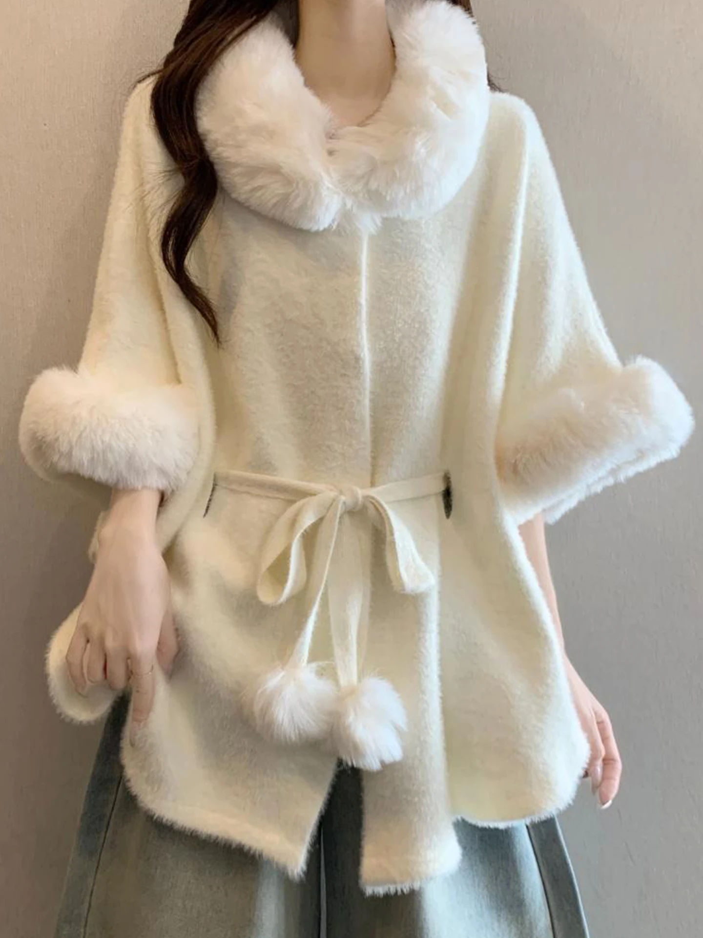 

Ele White Fur Collar Coat for Women Autumn Winter plus Size Faionable Small Fraance Sle Outerwear Cardigan